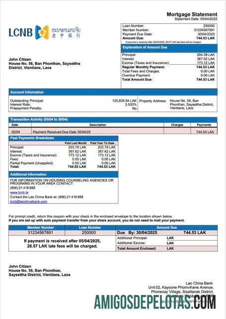 em branco Laos Lao China Declaração de hipoteca bancária Modelo Word e PDF